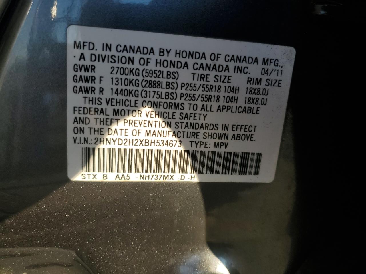 2011 Acura Mdx VIN: 2HNYD2H2XBH534673 Lot: 90057765