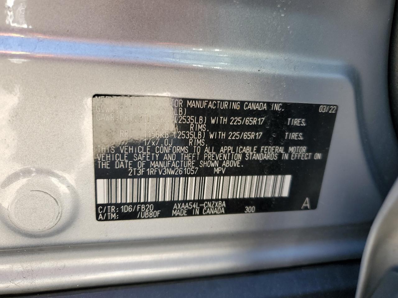 2022 Toyota Rav4 Le VIN: 2T3F1RFV3NW261057 Lot: 82429255