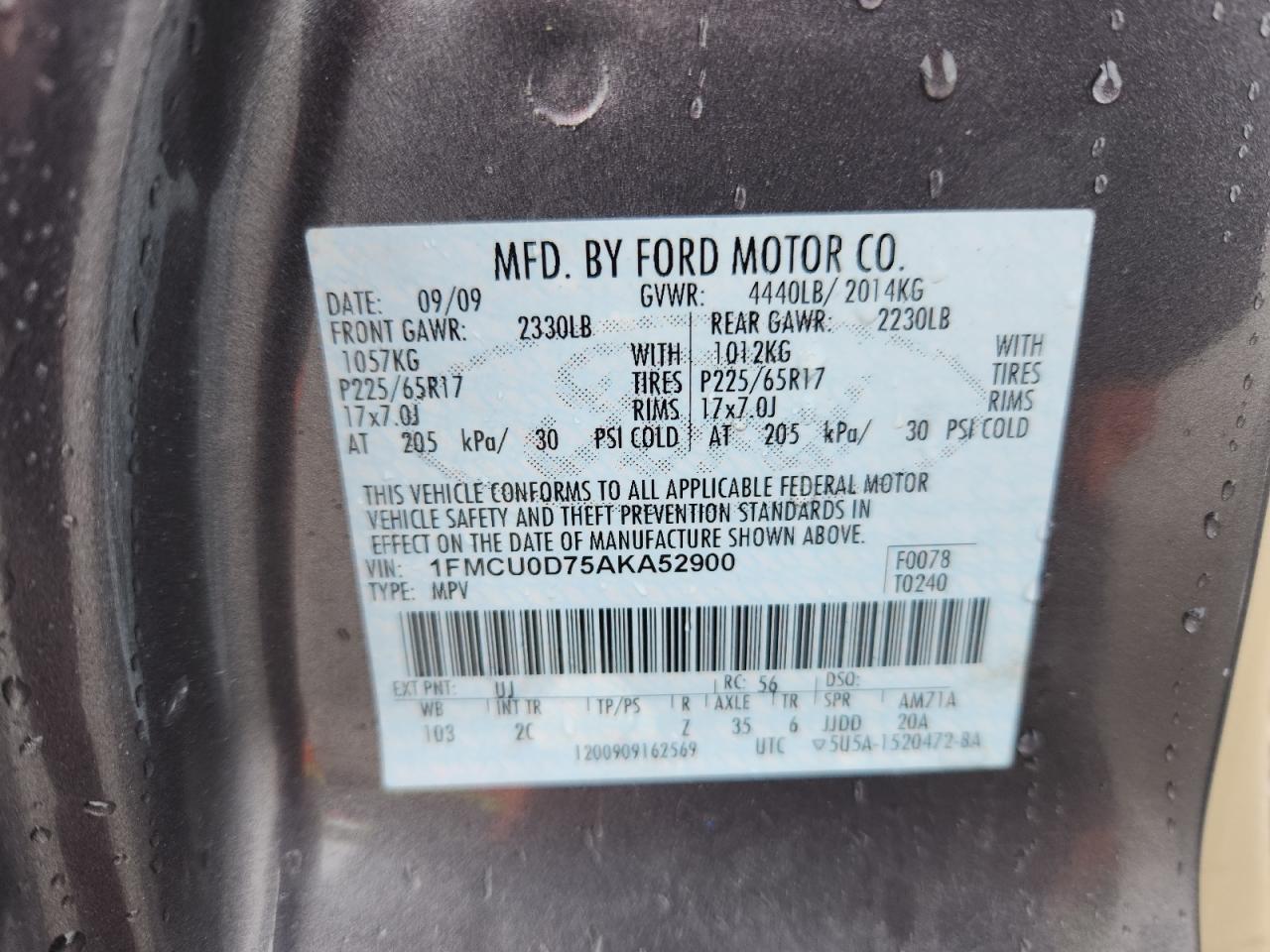 2010 Ford Escape Xlt VIN: 1FMCU0D75AKA52900 Lot: 85765115