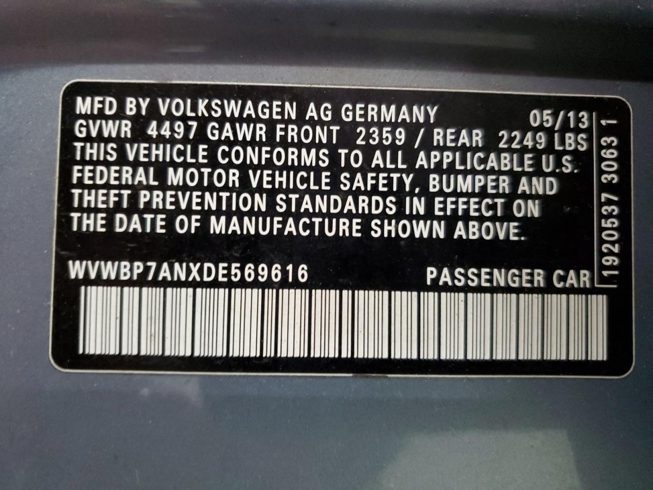 2013 Volkswagen Cc Sport VIN: WVWBP7ANXDE569616 Lot: 86673225