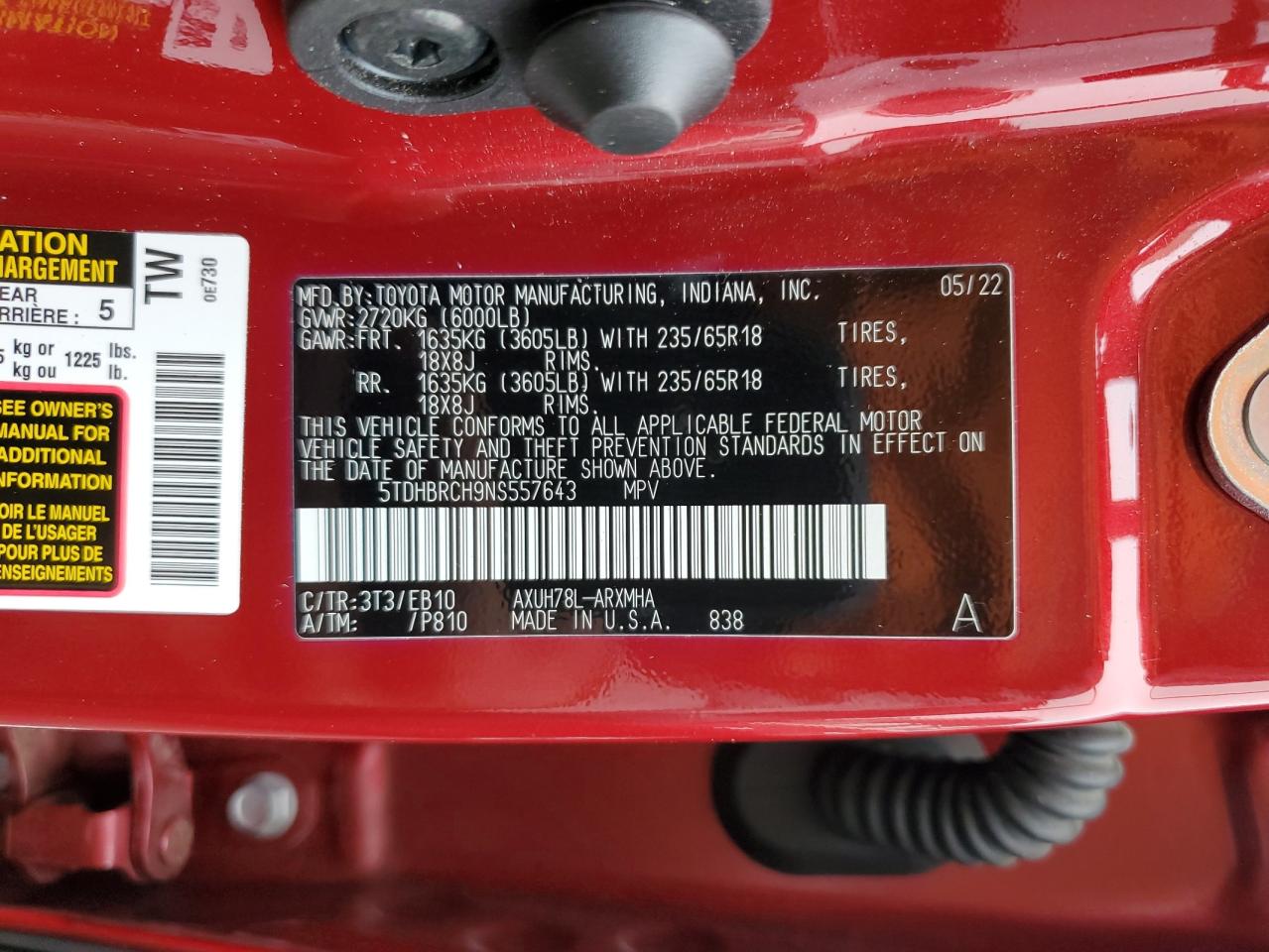 2022 Toyota Highlander Hybrid Xle VIN: 5TDHBRCH9NS557643 Lot: 86657165