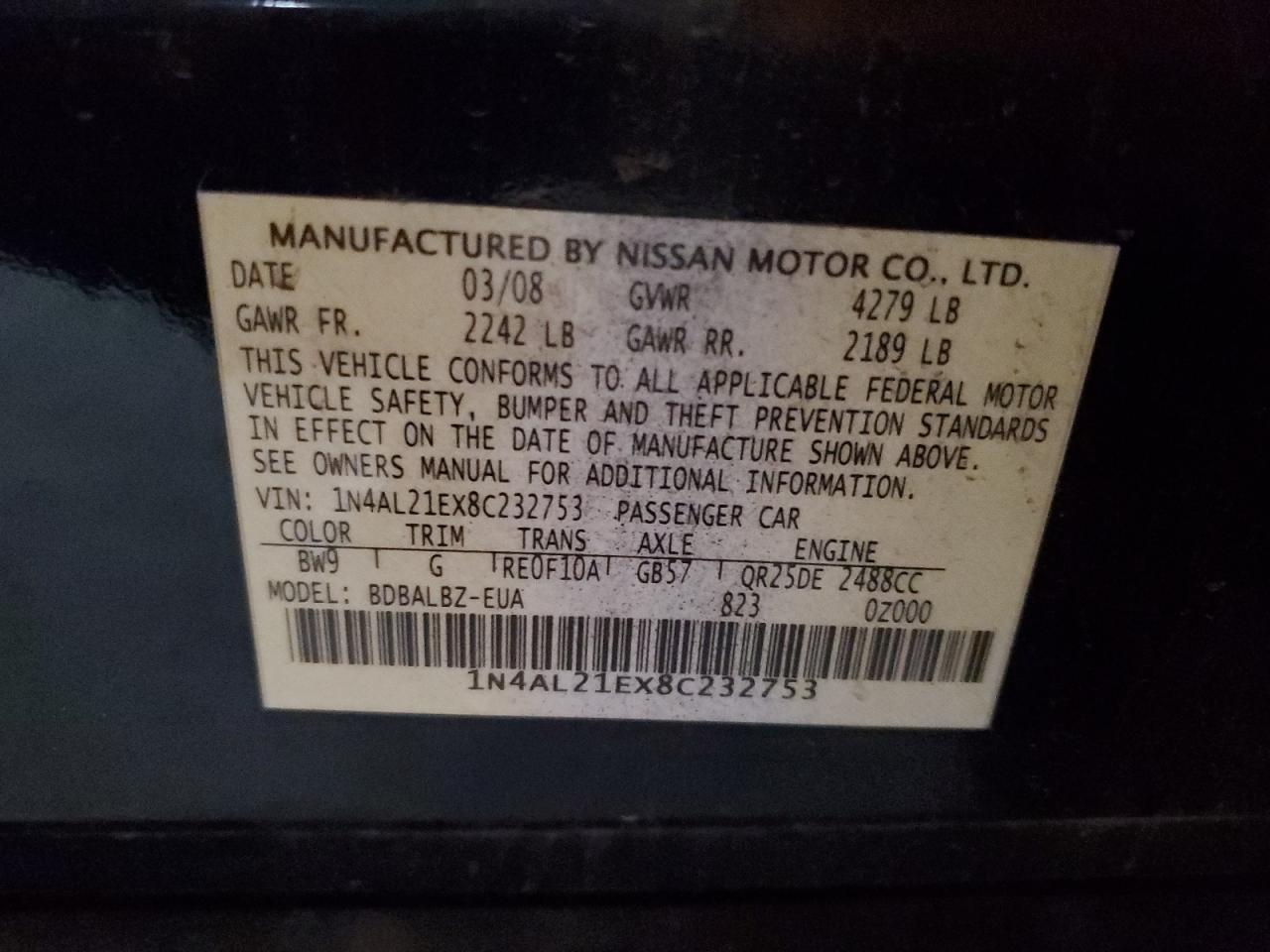 2008 Nissan Altima 2.5 VIN: 1N4AL21EX8C232753 Lot: 82346655