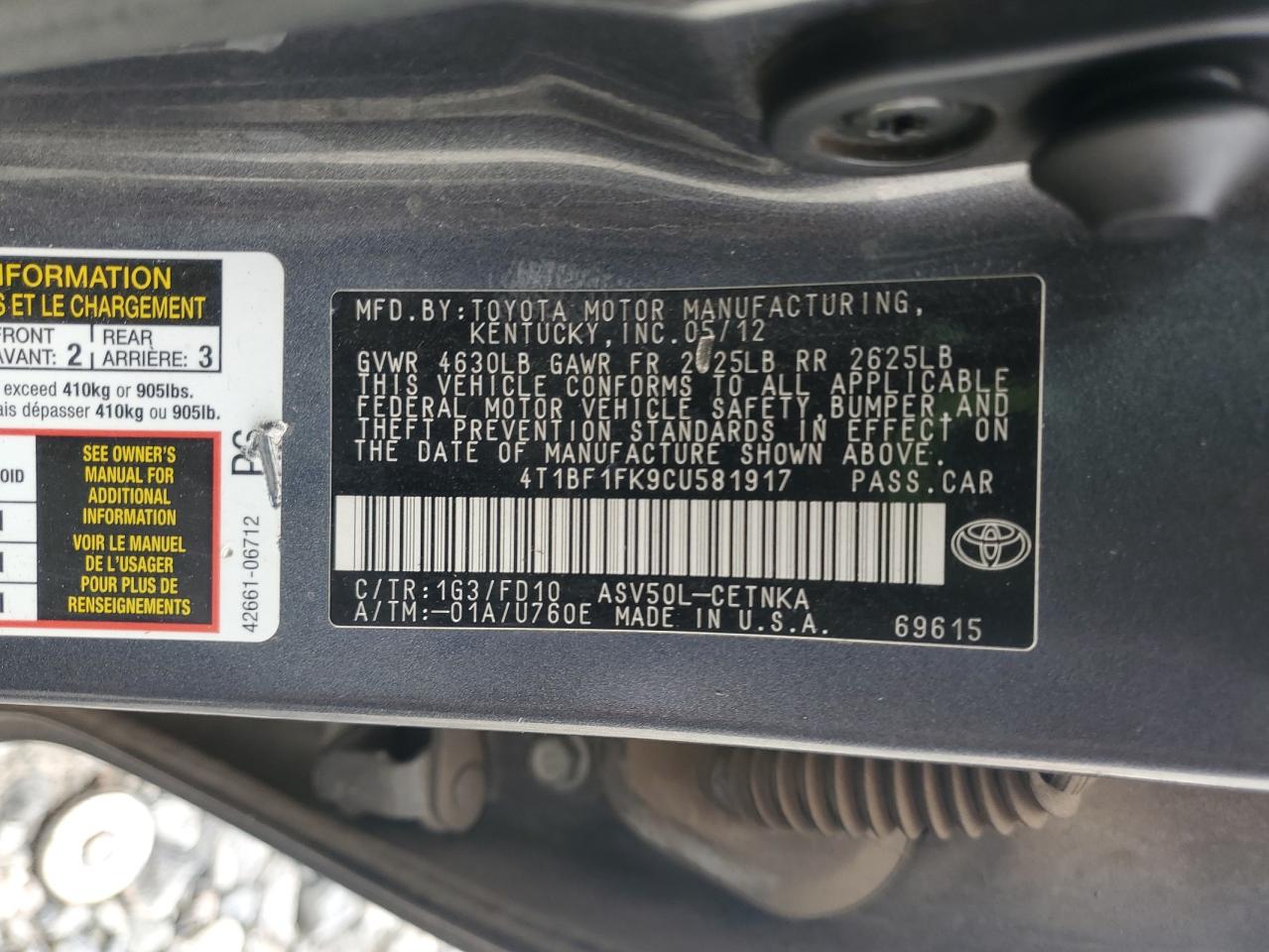 2012 Toyota Camry Base VIN: 4T1BF1FK9CU581917 Lot: 85835175