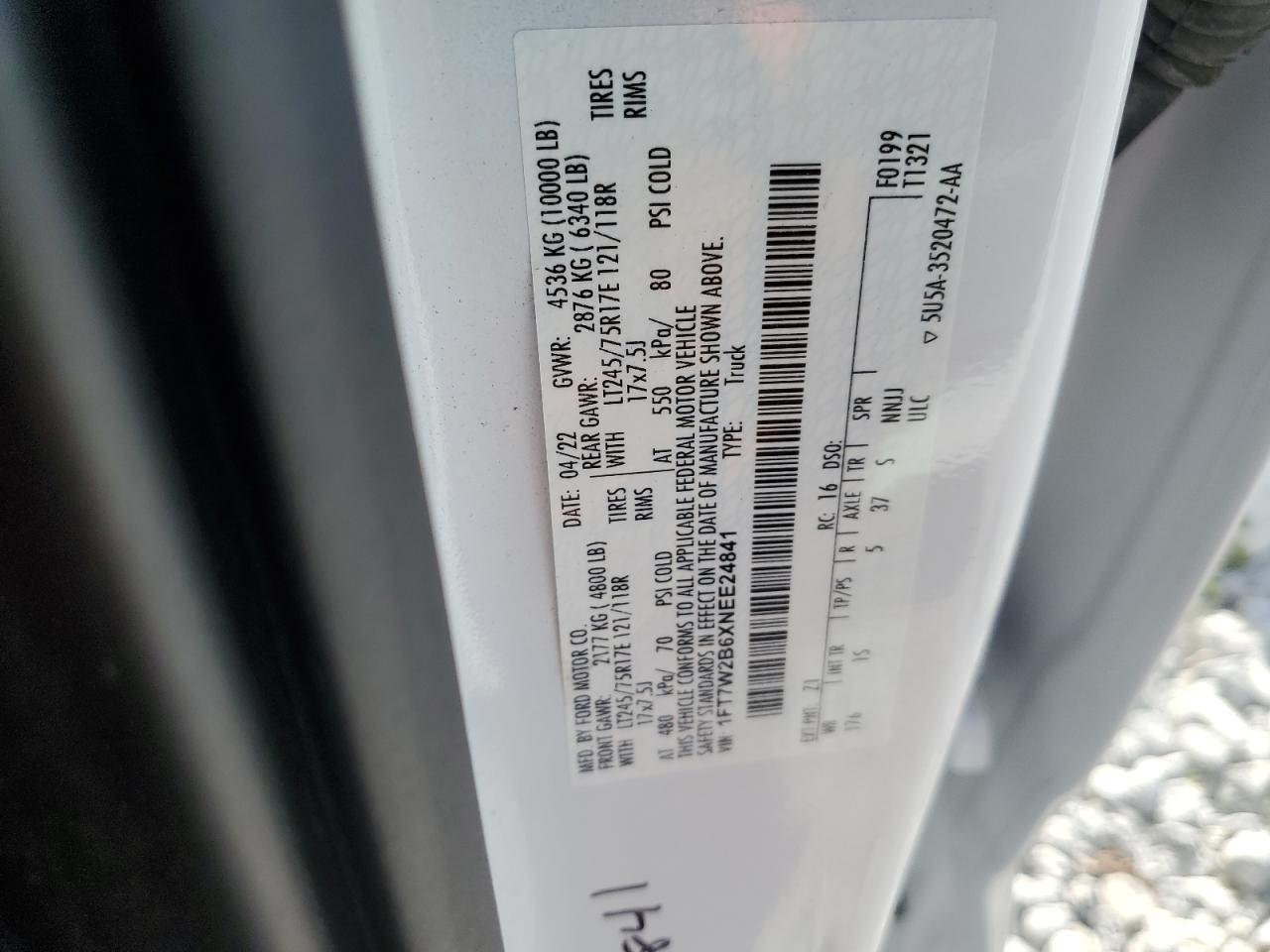 2022 Ford F250 Super Duty VIN: 1FT7W2B6XNEE24841 Lot: 84241745