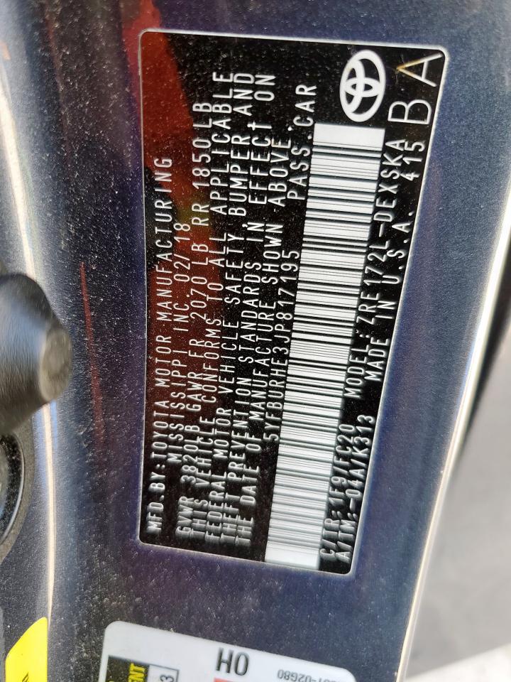 2018 Toyota Corolla L VIN: 5YFBURHE3JP817195 Lot: 85783785