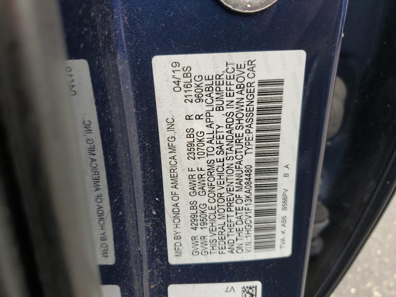 2019 Honda Accord Lx VIN: 1HGCV1F13KA084480 Lot: 85817975
