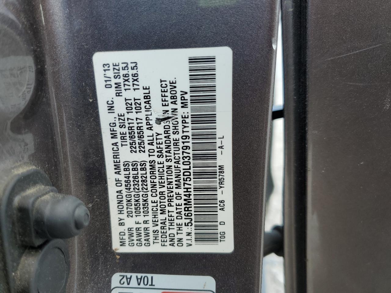 2013 Honda Cr-V Exl VIN: 5J6RM4H75DL037919 Lot: 84602835