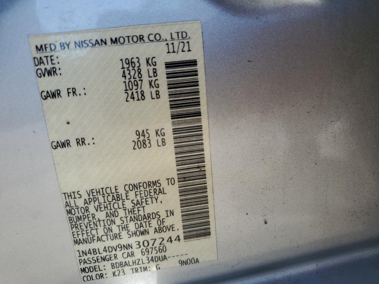 2022 Nissan Altima Sv VIN: 1N4BL4DV9NN307244 Lot: 85745655