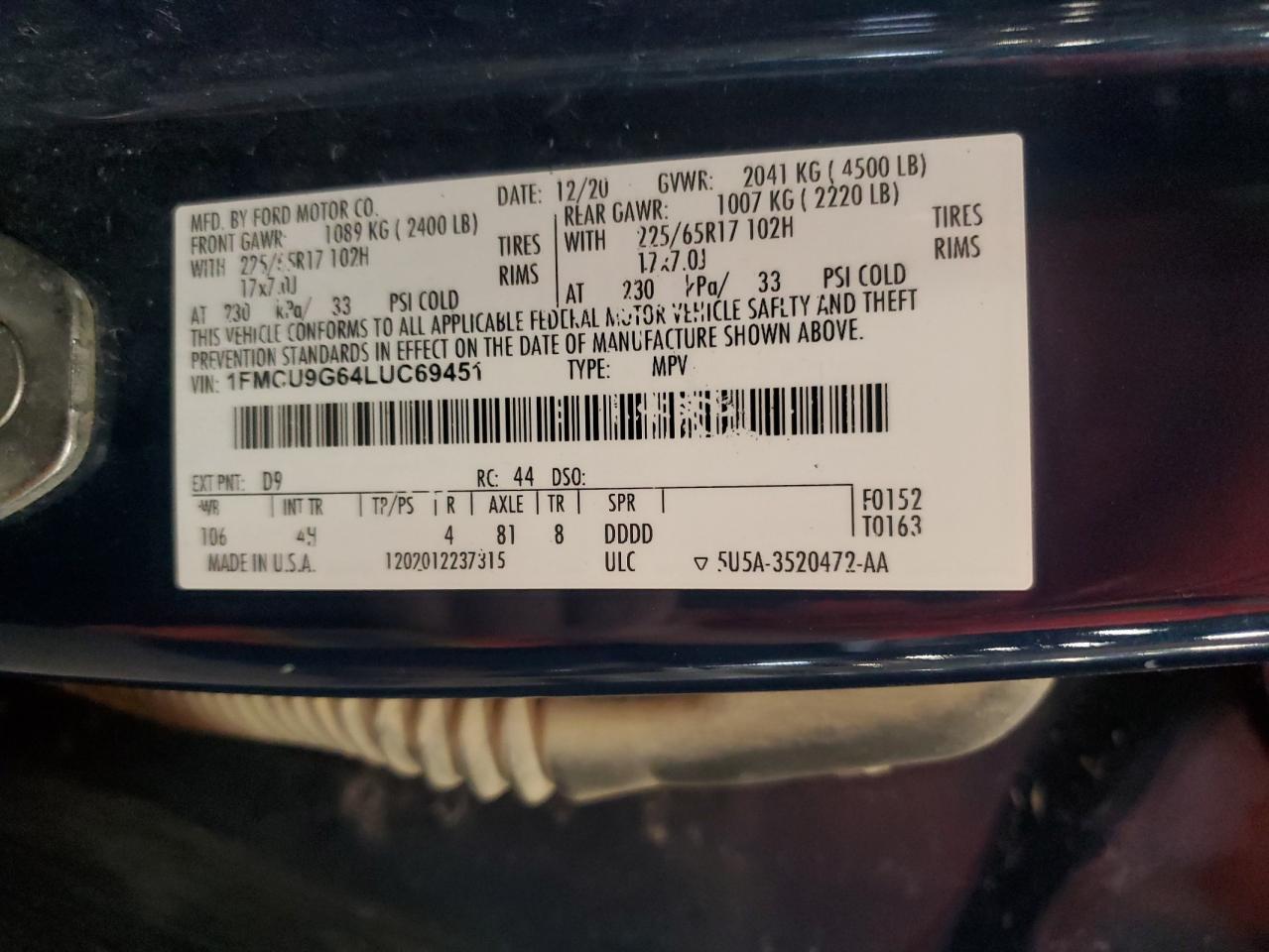 2020 Ford Escape Se VIN: 1FMCU9G64LUC69451 Lot: 85586155