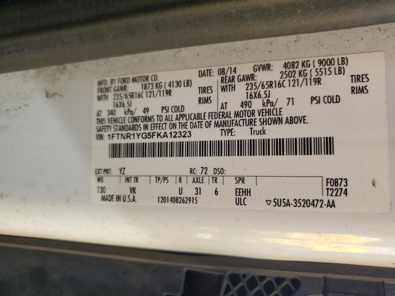 2015 Ford Transit 250 Delivery Van VIN: 1FTNR1YG5FKA12323 Lot: 85398695