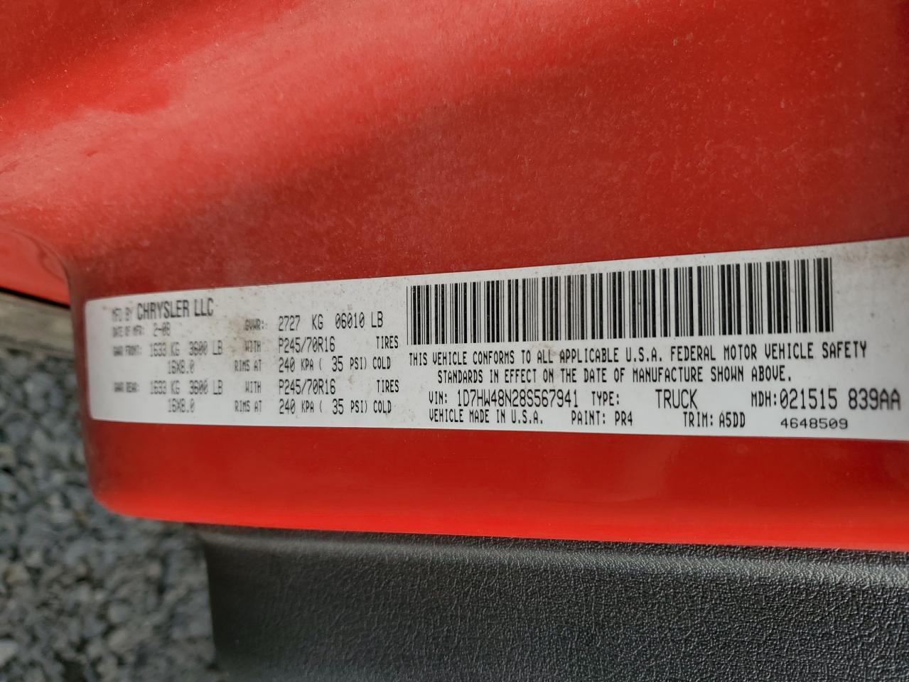 2008 Dodge Dakota Quad Slt VIN: 1D7HW48N28S567941 Lot: 90346825