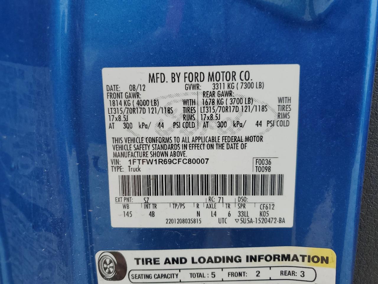 2012 Ford F150 Svt Raptor VIN: 1FTFW1R69CFC80007 Lot: 90008775