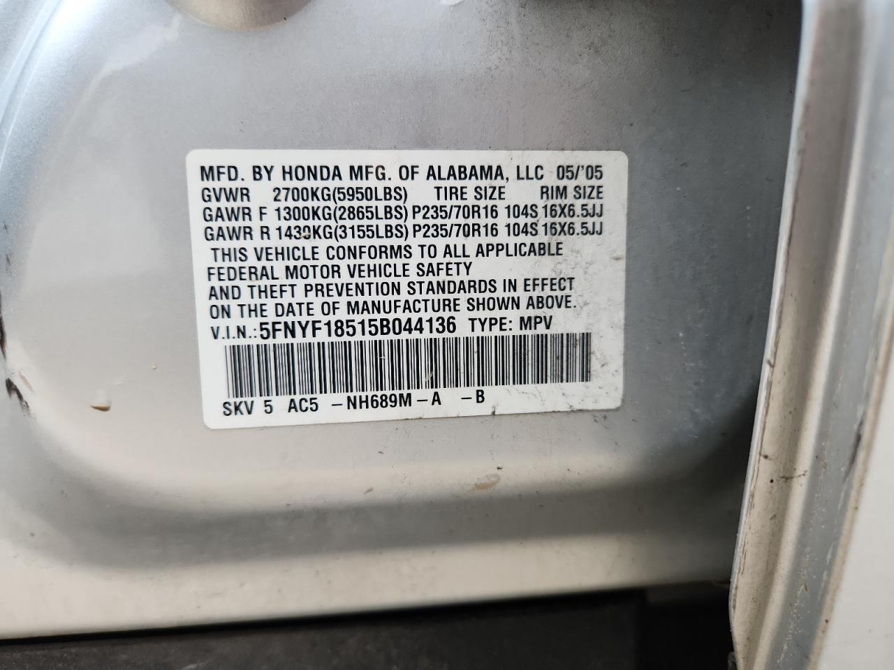 2005 Honda Pilot Exl VIN: 5FNYF18515B044136 Lot: 86268665