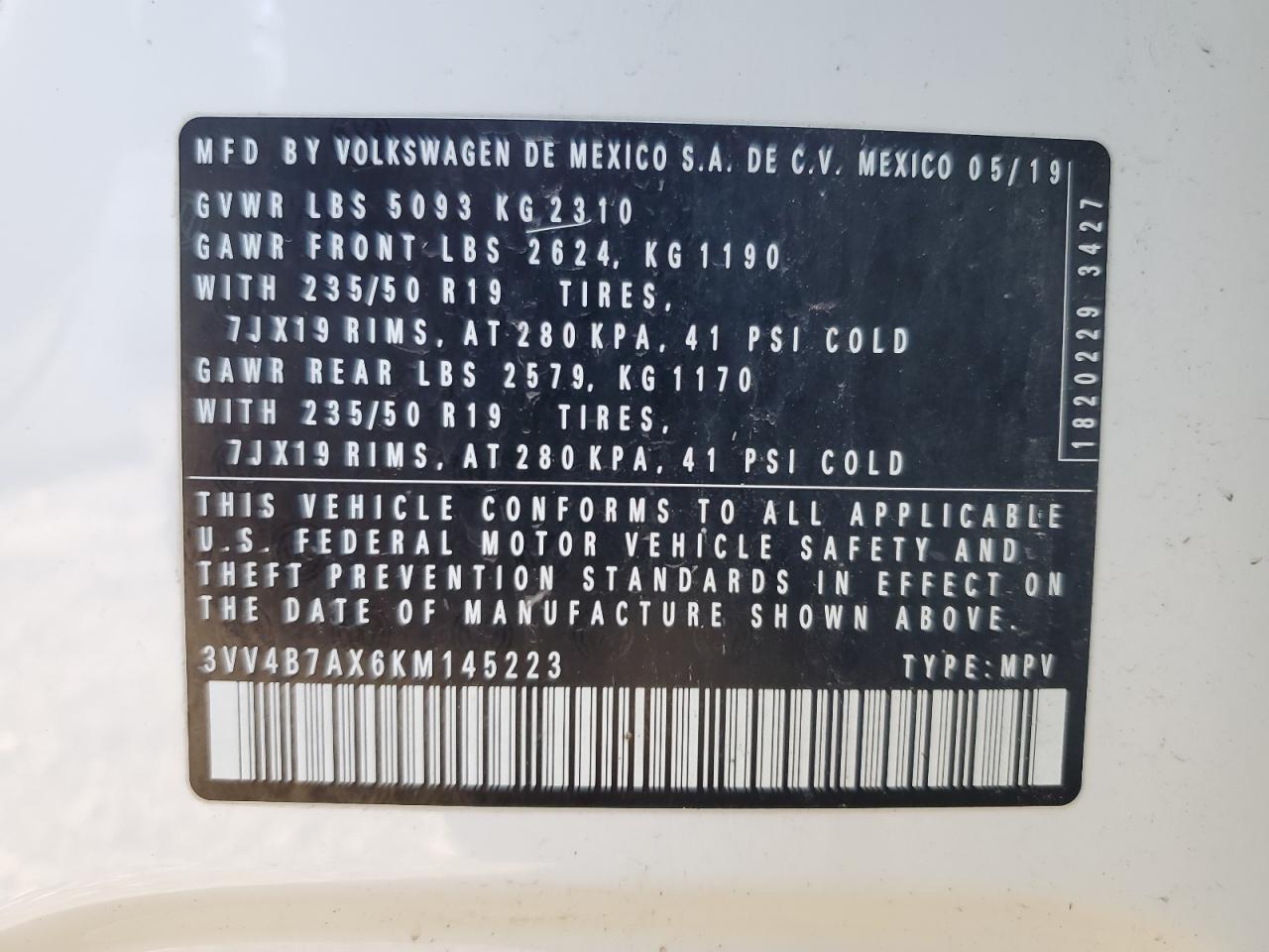 2019 Volkswagen Tiguan Sel Premium VIN: 3VV4B7AX6KM145223 Lot: 81911655