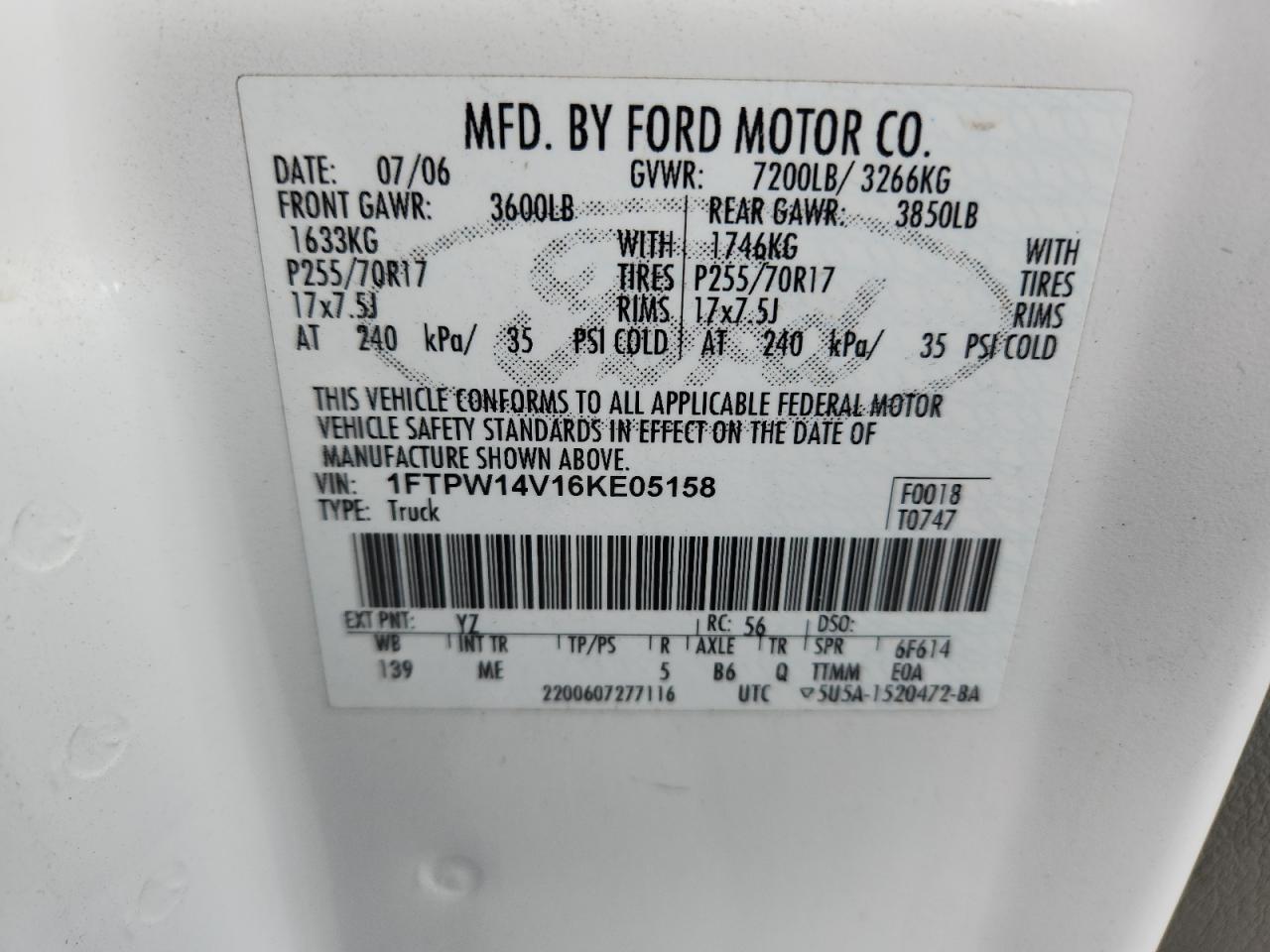 2006 Ford F150 Supercrew VIN: 1FTPW14V16KE05158 Lot: 82721335