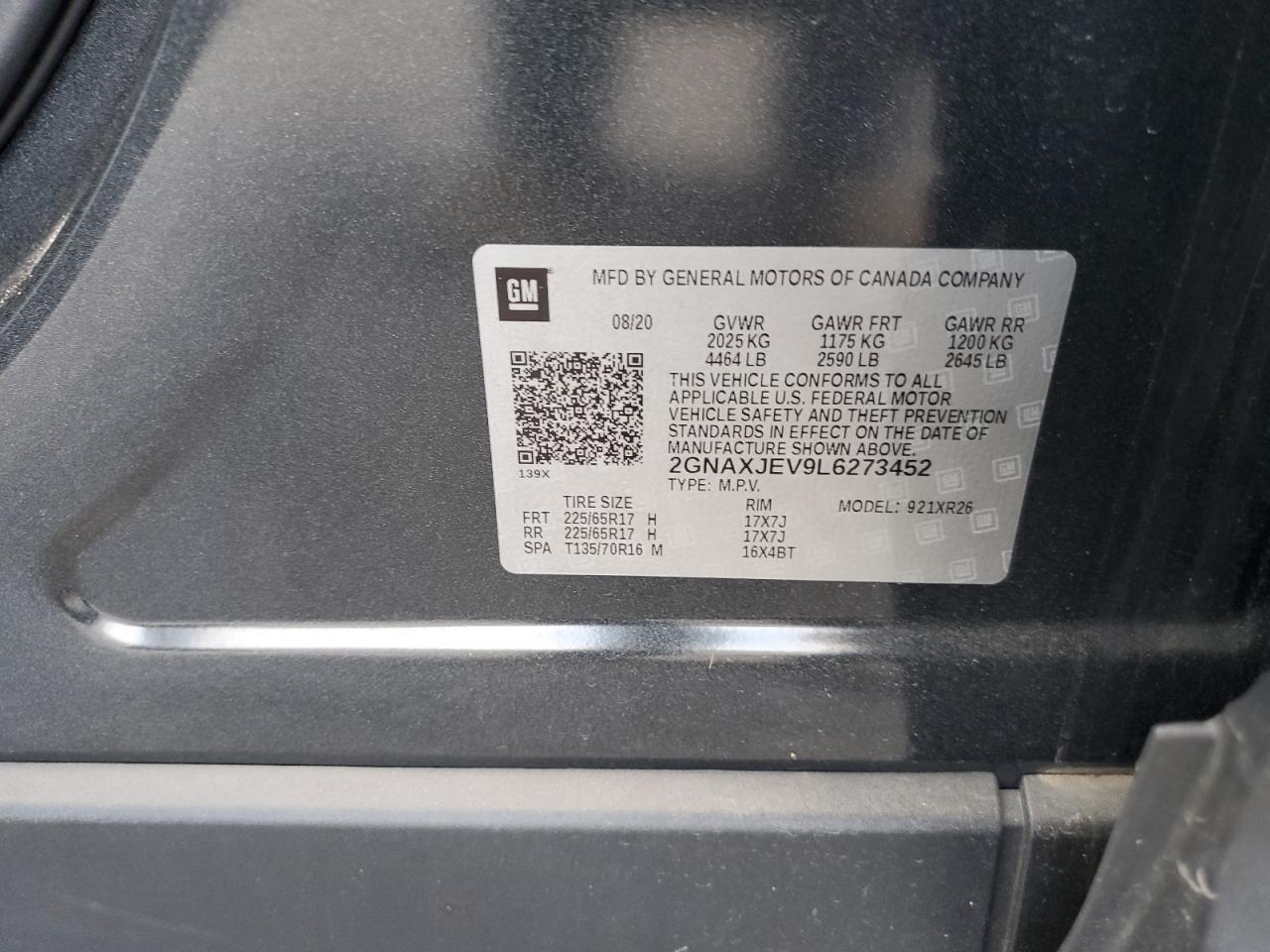 2020 Chevrolet Equinox Lt VIN: 2GNAXJEV9L6273452 Lot: 84884675