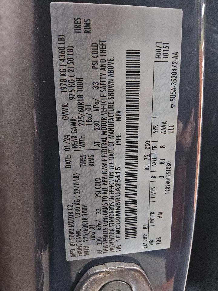 2024 Ford Escape St Line VIN: 1FMCU0MN8RUA25415 Lot: 87114835