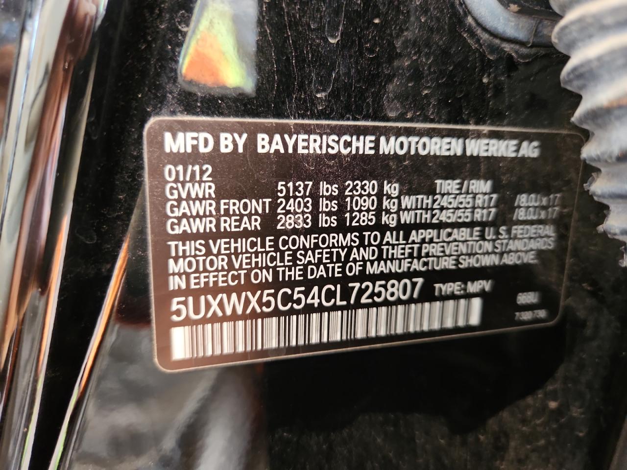 2012 BMW X3 xDrive28I VIN: 5UXWX5C54CL725807 Lot: 84709825