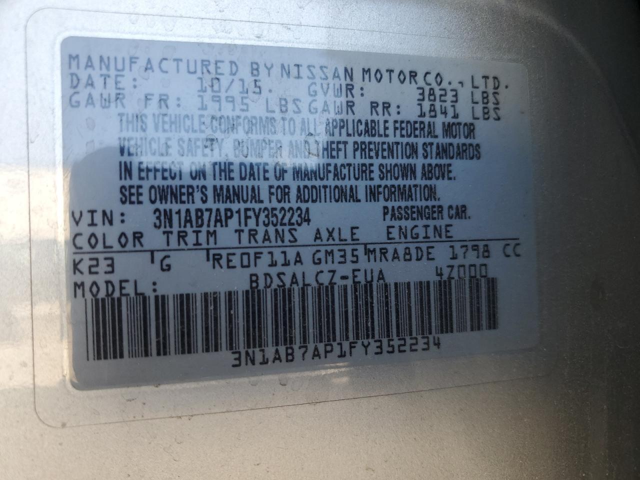 2015 Nissan Sentra S VIN: 3N1AB7AP1FY352234 Lot: 82234765