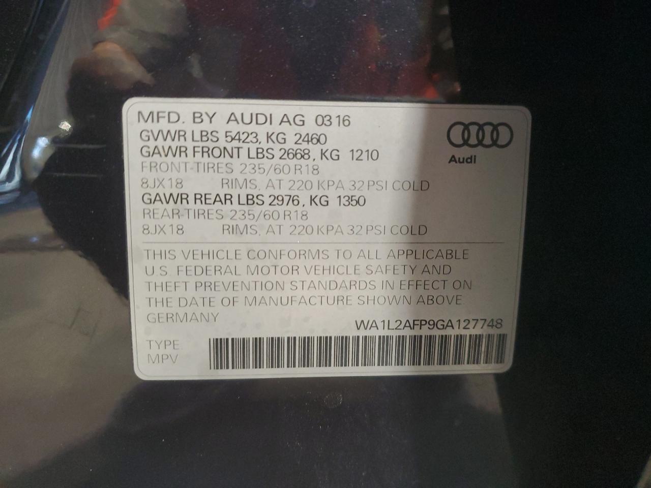 2016 Audi Q5 Premium Plus VIN: WA1L2AFP9GA127748 Lot: 82522645