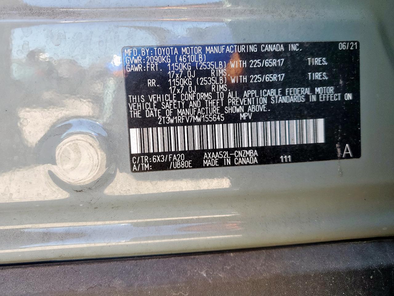 2021 Toyota Rav4 Xle VIN: 2T3W1RFV7MW155645 Lot: 86331365