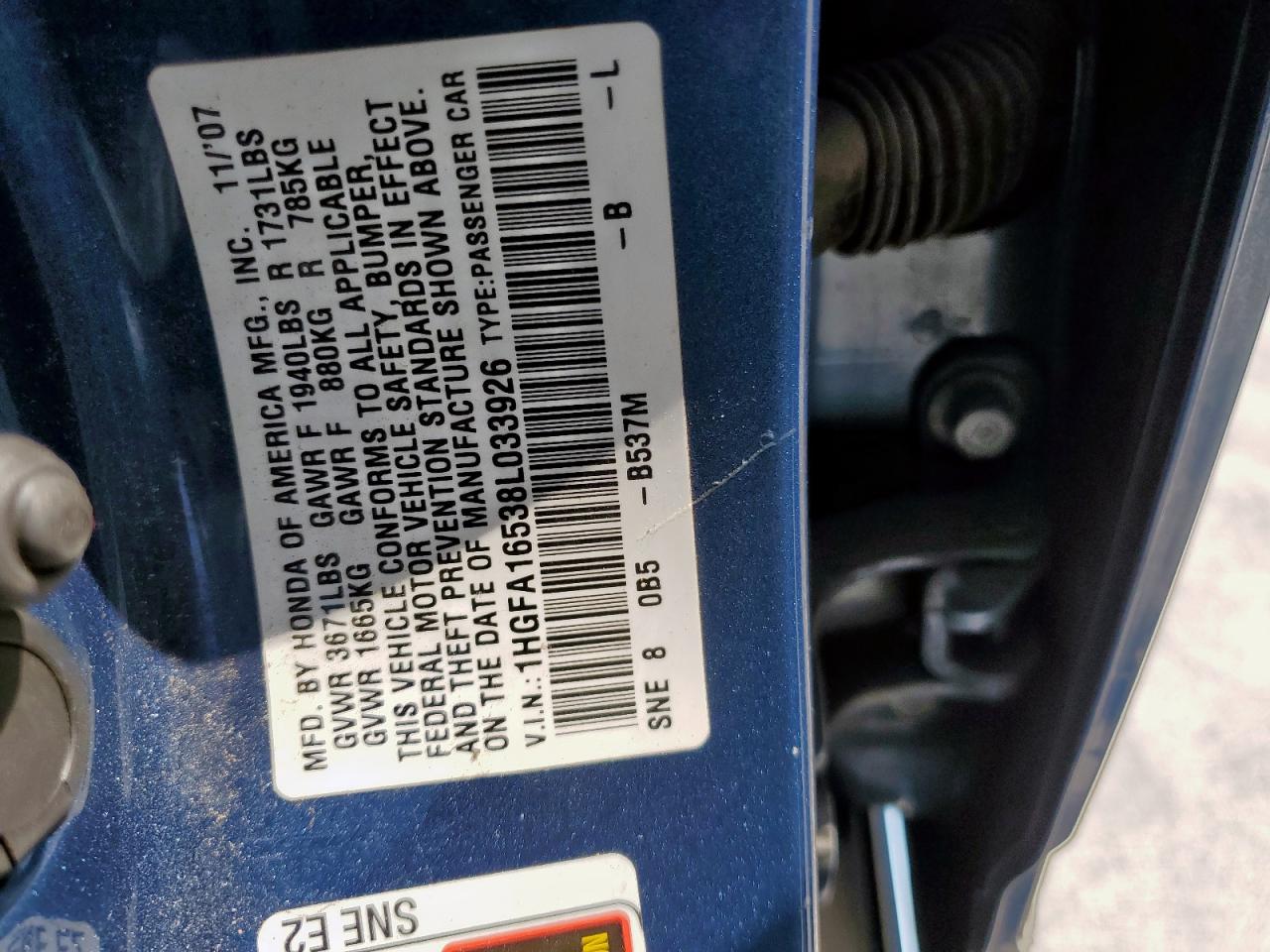 2008 Honda Civic Lx VIN: 1HGFA16538L033926 Lot: 81983015