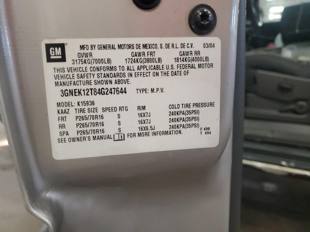 2004 Chevrolet Avalanche K1500 VIN: 3GNEK12T84G247644 Lot: 86168665