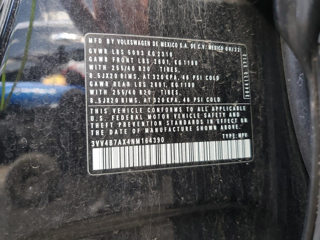 2022 Volkswagen Tiguan Sel R-Line VIN: 3VV4B7AX4NM164390 Lot: 85096935