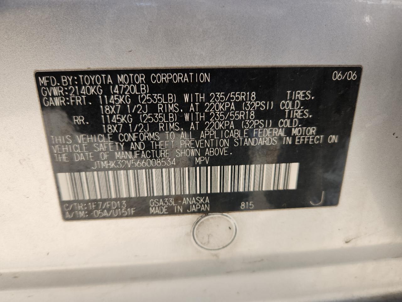 2006 Toyota Rav4 Sport VIN: JTMBK32V566008534 Lot: 82728365