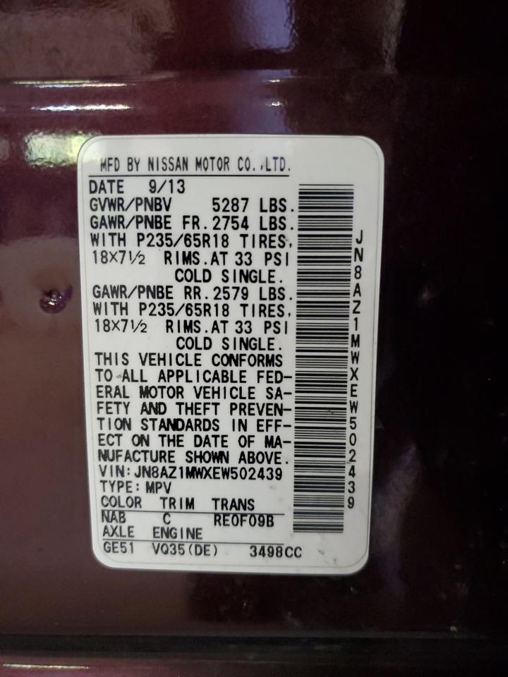 2014 Nissan Murano S VIN: JN8AZ1MWXEW502439 Lot: 85075255