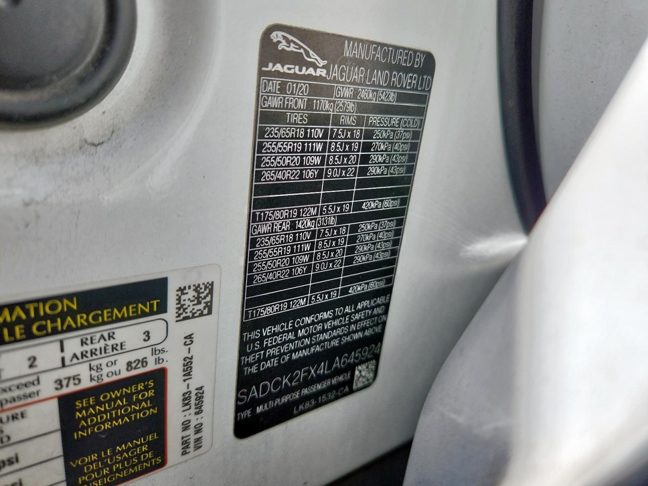 2020 Jaguar F-Pace Prestige VIN: SADCK2FX4LA645924 Lot: 82730935