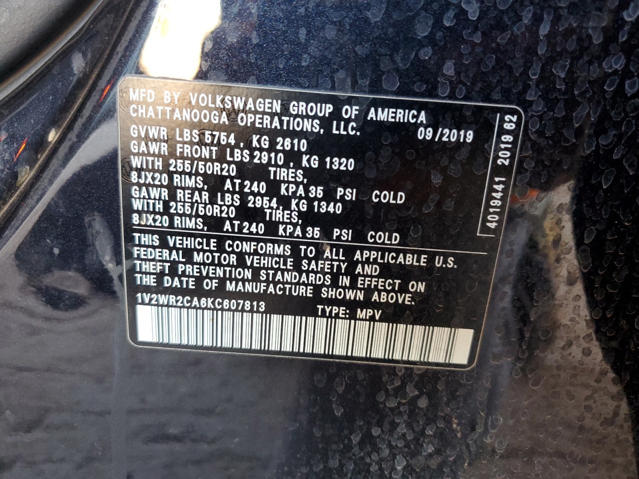 2019 Volkswagen Atlas Se VIN: 1V2WR2CA6KC607813 Lot: 84934245