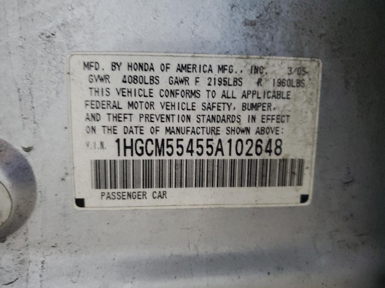 2005 Honda Accord Lx VIN: 1HGCM55455A102648 Lot: 85586495
