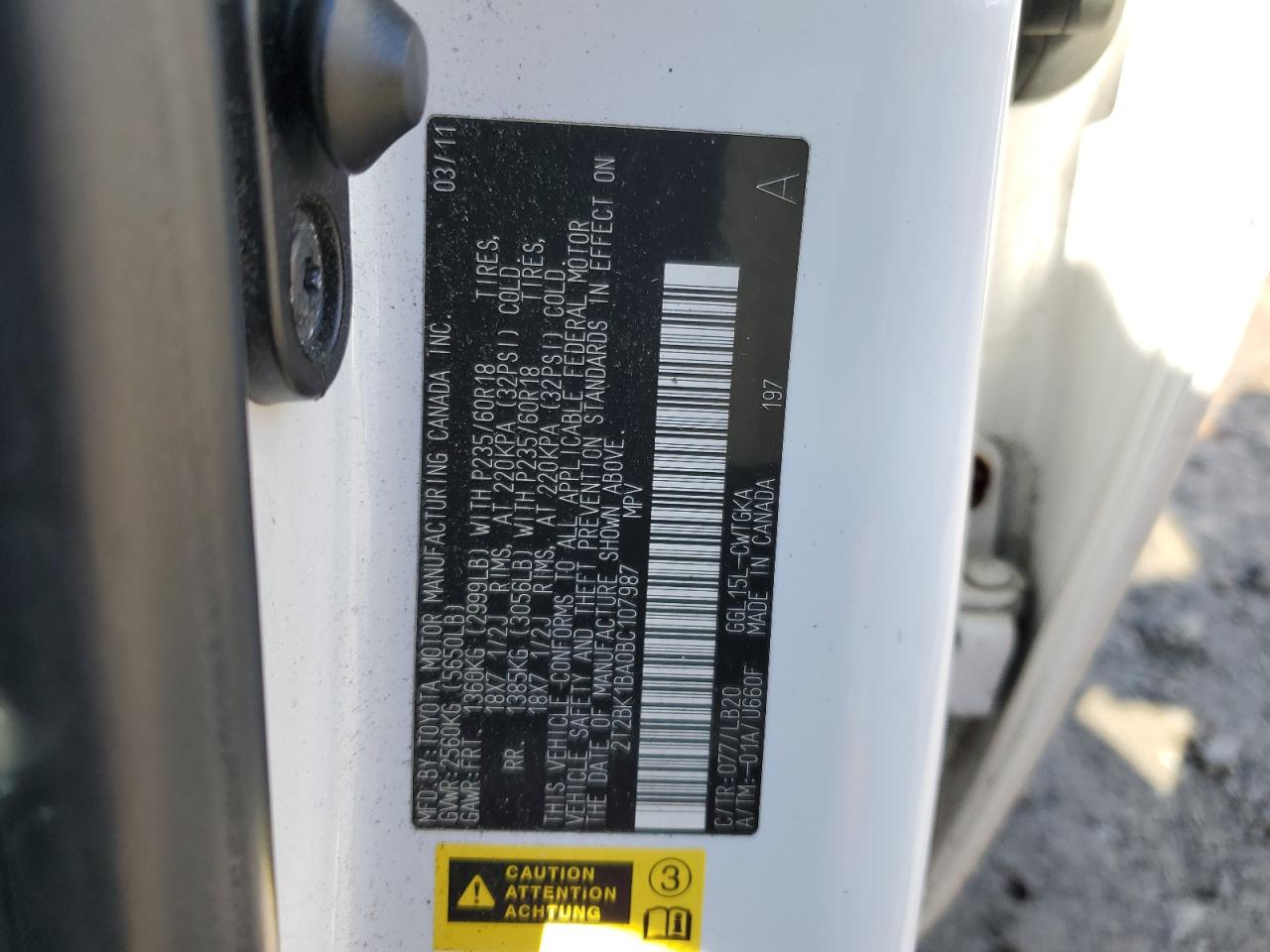 2011 Lexus Rx 350 VIN: 2T2BK1BA0BC107987 Lot: 87477555