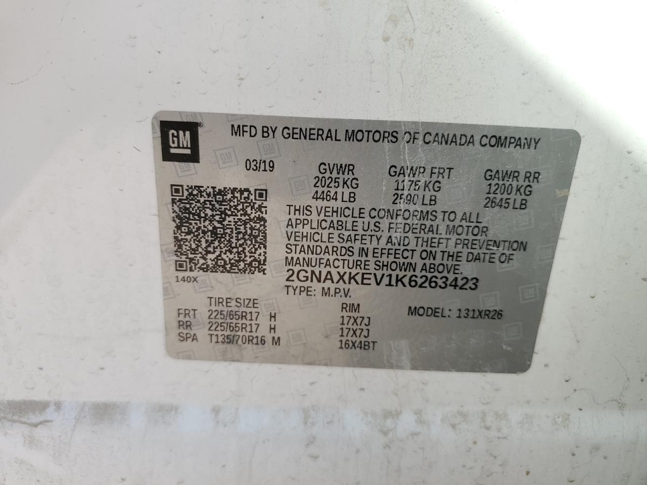 2019 Chevrolet Equinox Lt VIN: 2GNAXKEV1K6263423 Lot: 84929415