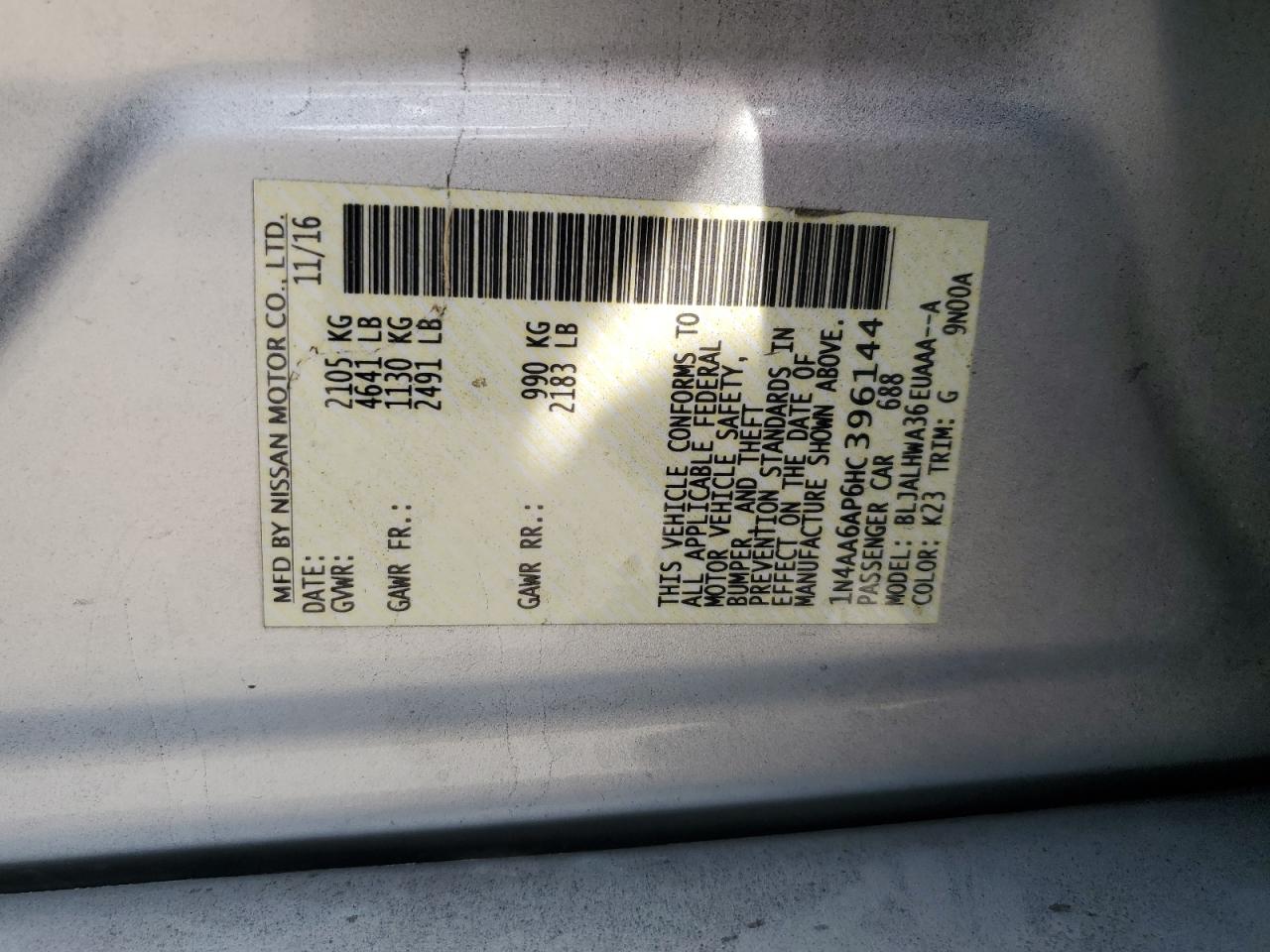 2017 Nissan Maxima 3.5S VIN: 1N4AA6AP6HC396144 Lot: 89833315