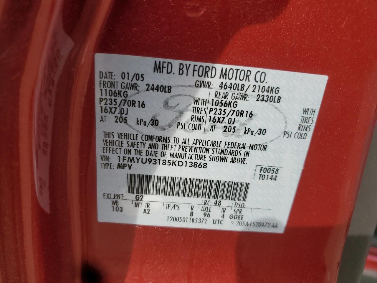 2005 Ford Escape Xlt VIN: 1FMYU93185KD13868 Lot: 84929325