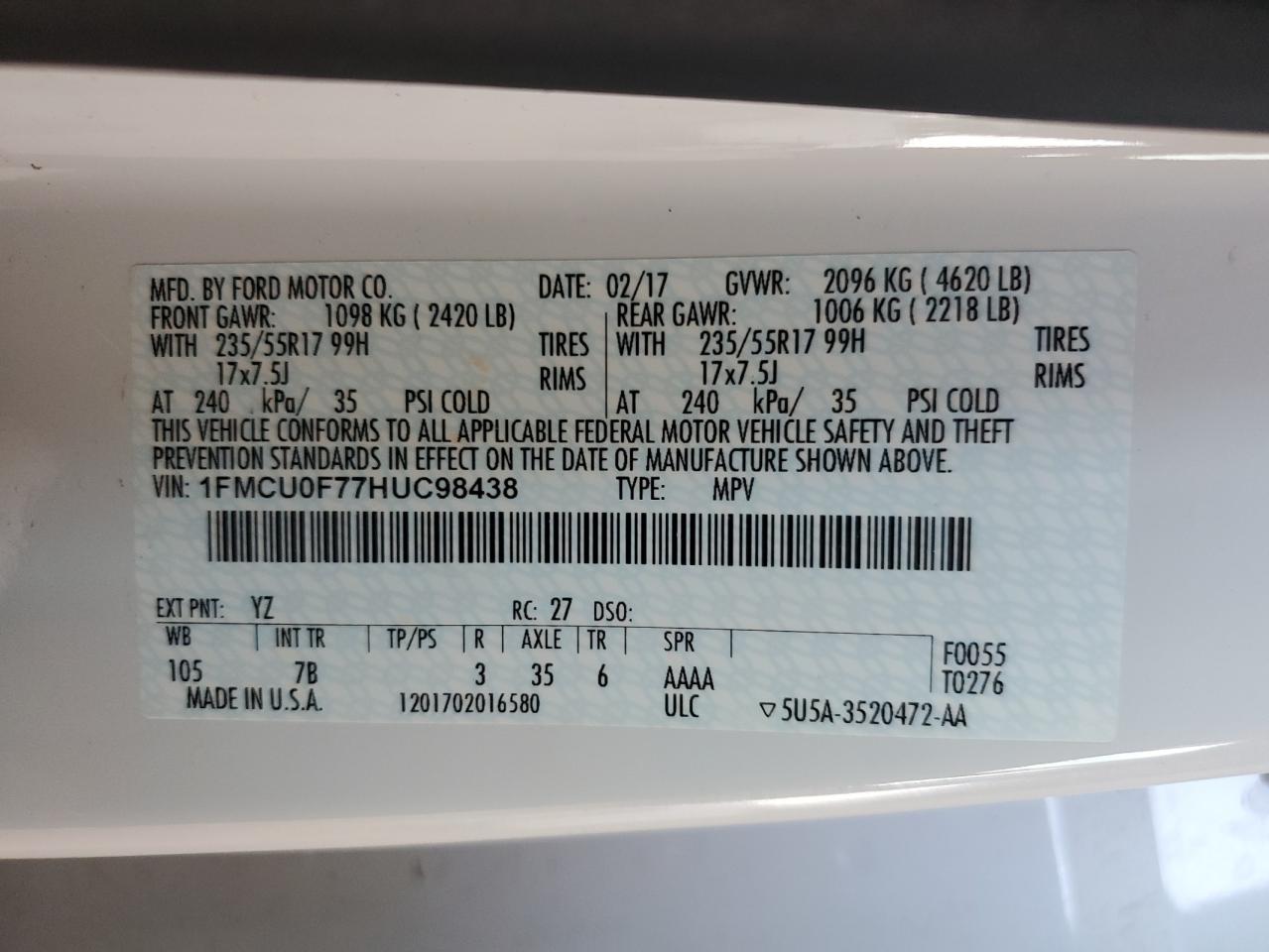 2017 Ford Escape S VIN: 1FMCU0F77HUC98438 Lot: 85012215