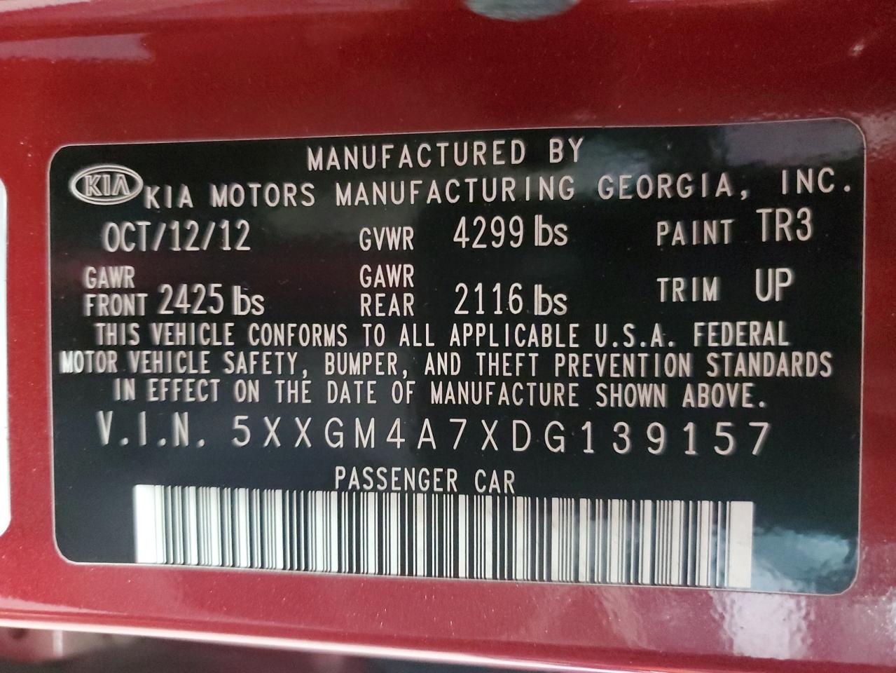 2013 Kia Optima Lx VIN: 5XXGM4A7XDG139157 Lot: 86130305