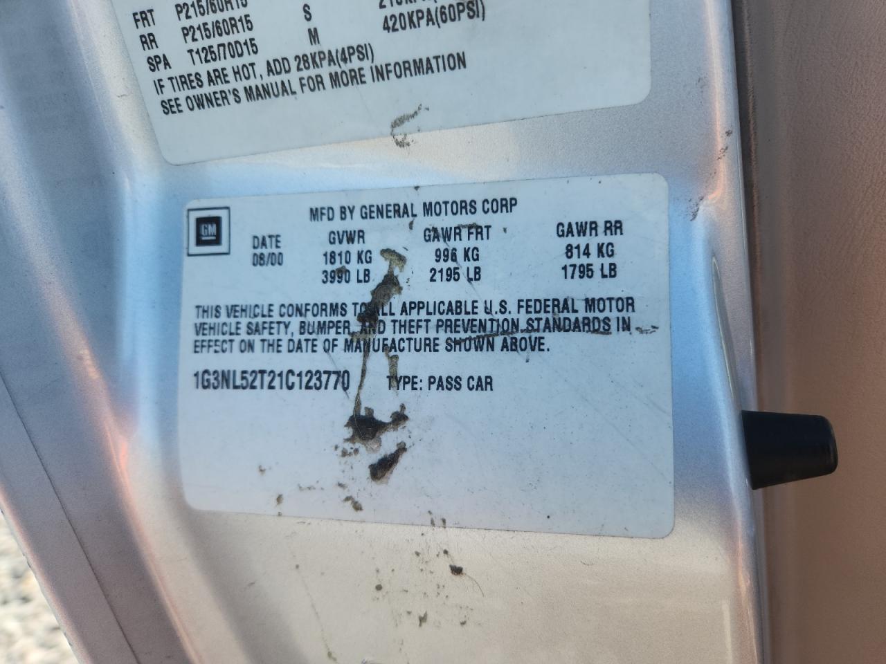 2001 Oldsmobile Alero Gl VIN: 1G3NL52T21C123770 Lot: 86141925