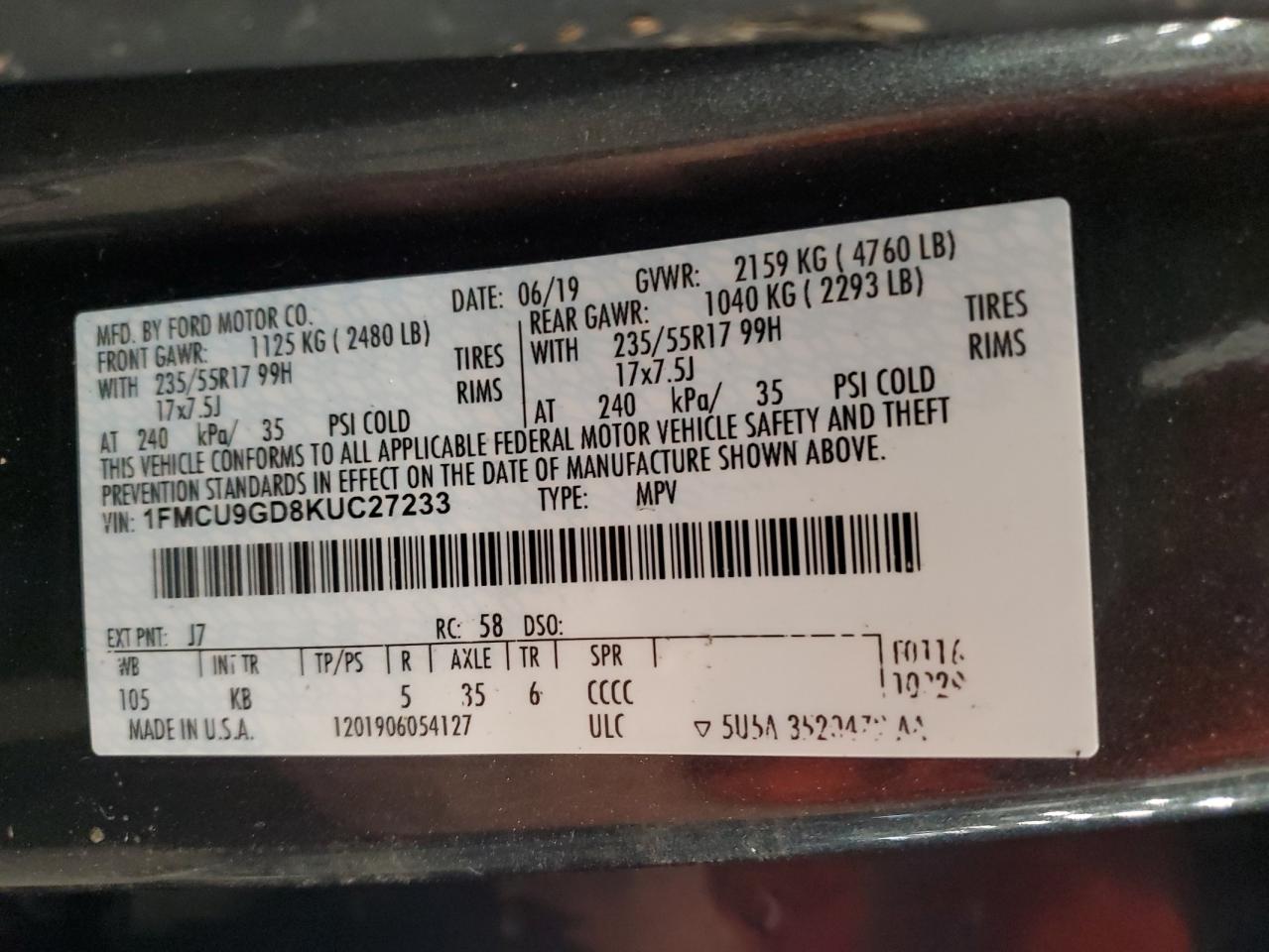 2019 Ford Escape Se VIN: 1FMCU9GD8KUC27233 Lot: 84969355