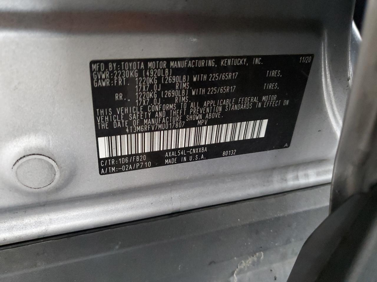 2021 Toyota Rav4 Le VIN: 4T3M6RFV7MU017807 Lot: 81955385