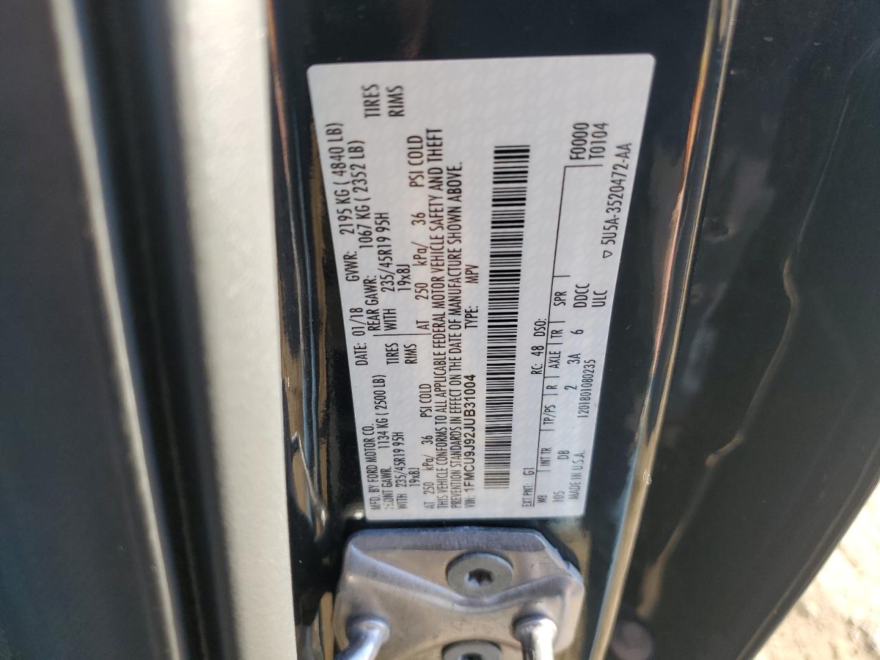 2018 Ford Escape Titanium VIN: 1FMCU9J92JUB31004 Lot: 86291005