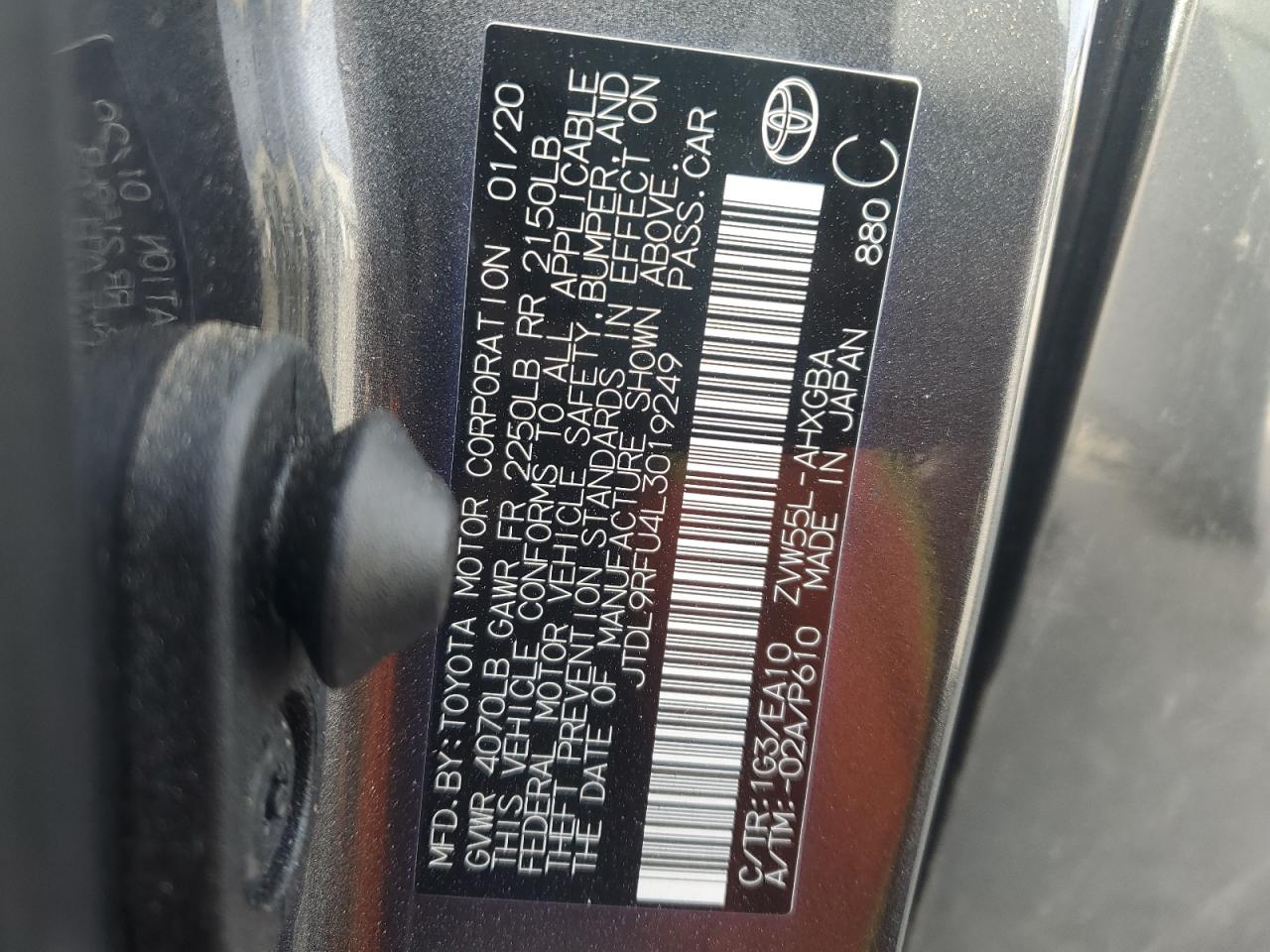 2020 Toyota Prius Le VIN: JTDL9RFU4L3019249 Lot: 86140615