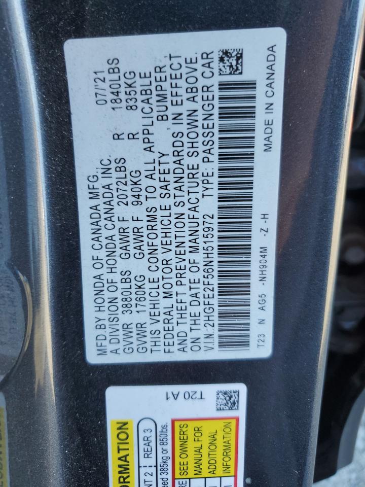 2022 Honda Civic Sport VIN: 2HGFE2F56NH515972 Lot: 82283945