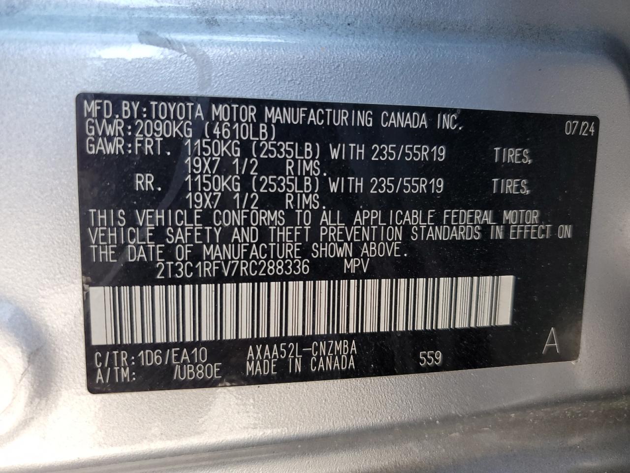 2024 Toyota Rav4 Xle Premium VIN: 2T3C1RFV7RC288336 Lot: 85744475