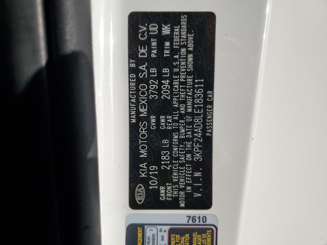 2020 Kia Forte Fe VIN: 3KPF24AD8LE183611 Lot: 85867465