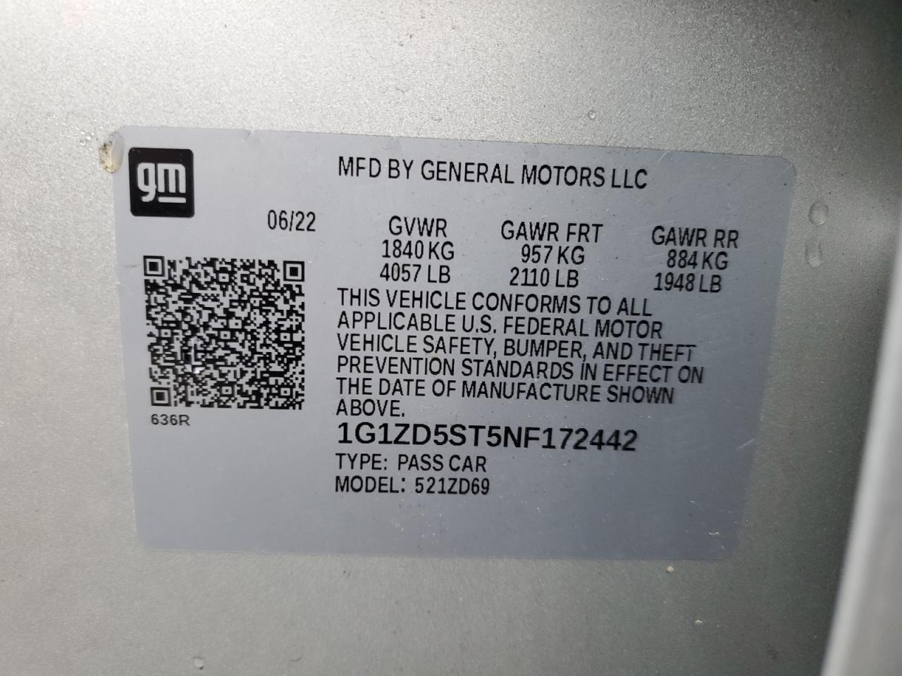 2022 Chevrolet Malibu Lt VIN: 1G1ZD5ST5NF172442 Lot: 90014915