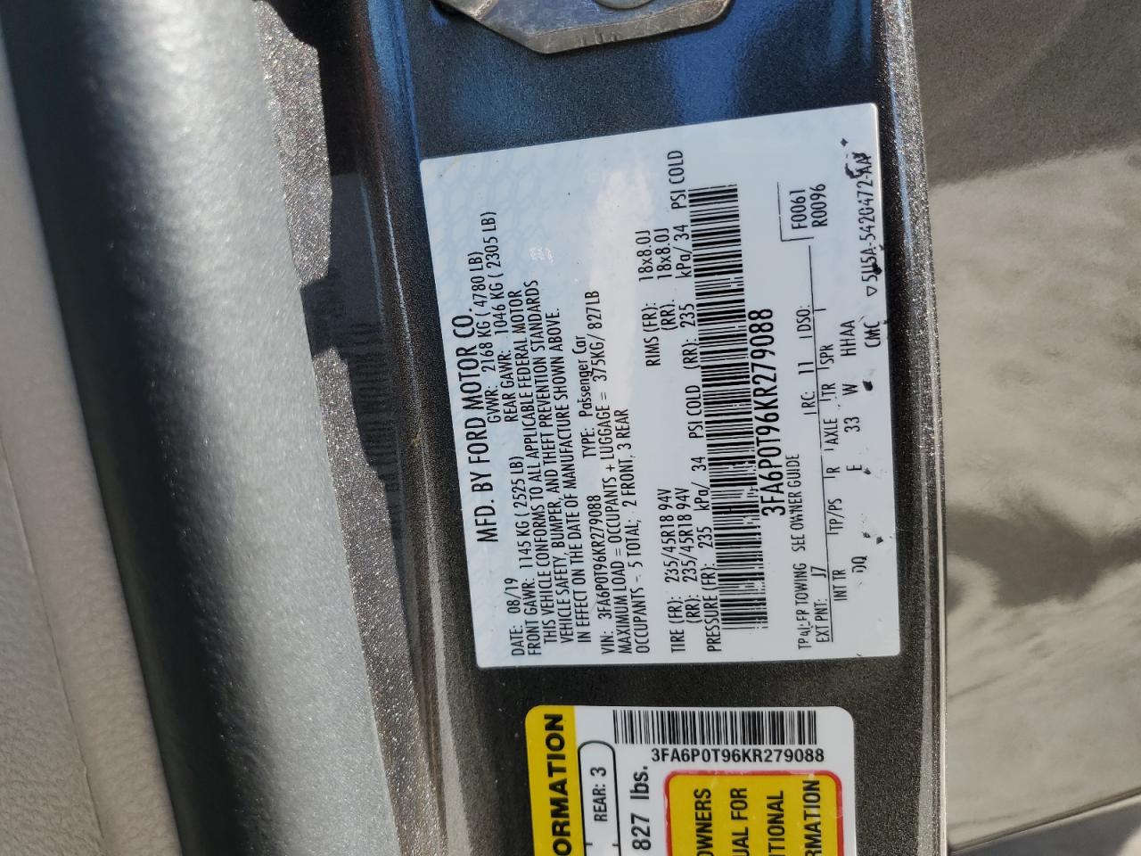 2019 Ford Fusion Se VIN: 3FA6P0T96KR279088 Lot: 89526995