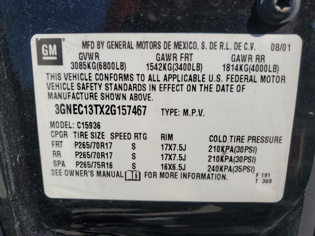 2002 Chevrolet Avalanche C1500 VIN: 3GNEC13TX2G157467 Lot: 86428715